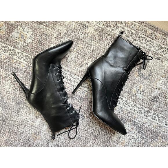 Azalea Wang Astoria Lace Up Stiletto Bootie 10 Black Faux Leather Goth Witchy - Picture 6 of 11